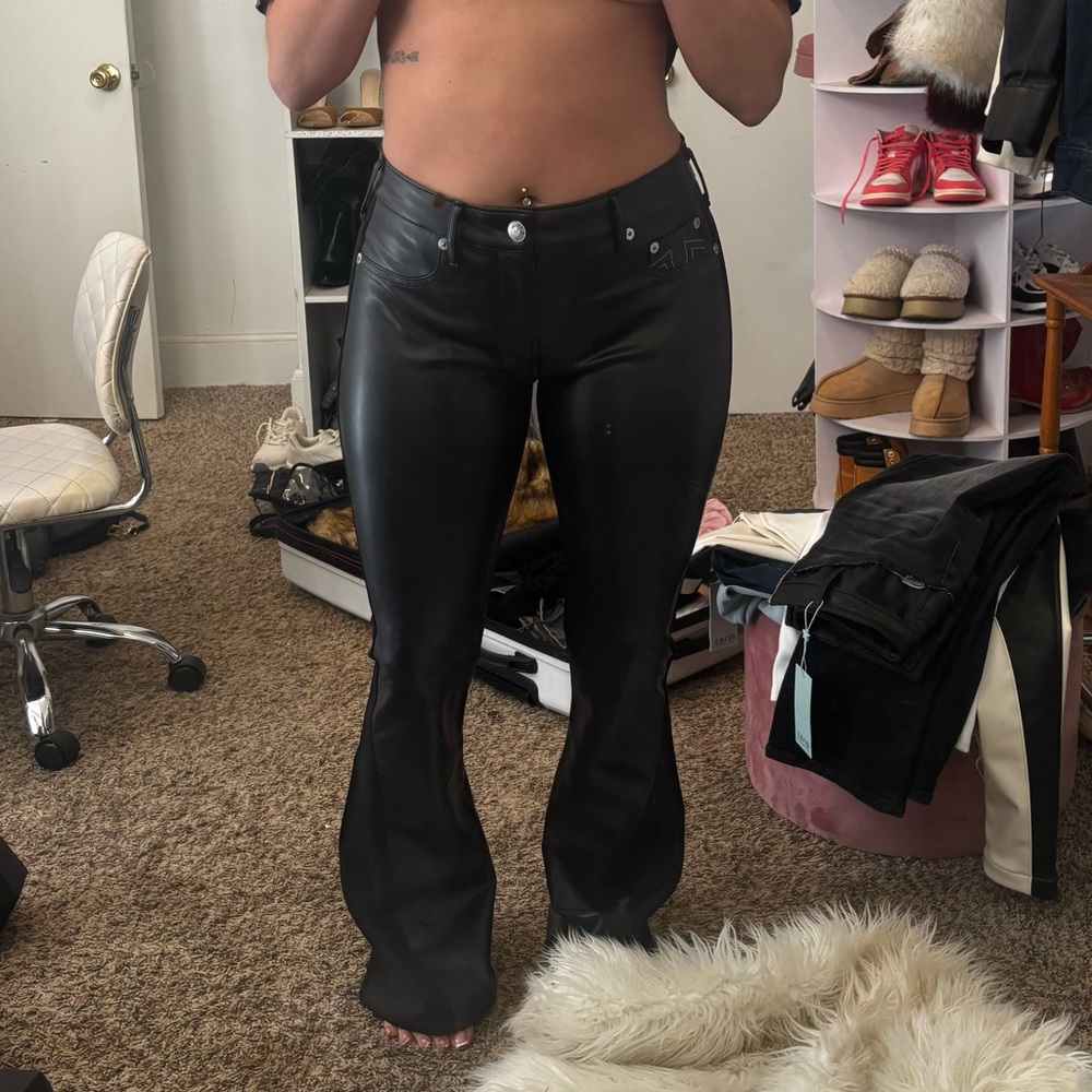 True Religion Black Leather Flare Pants